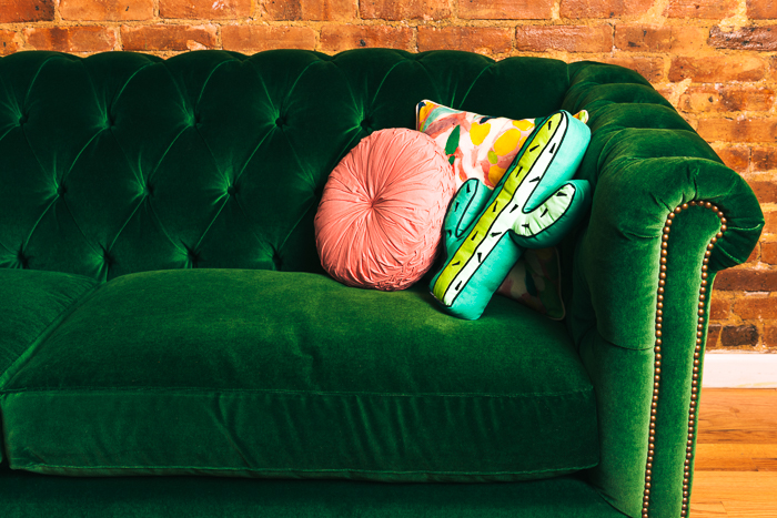 Green Velvet Tufted Sofa And Pink Rug, Green Tufted Sofa