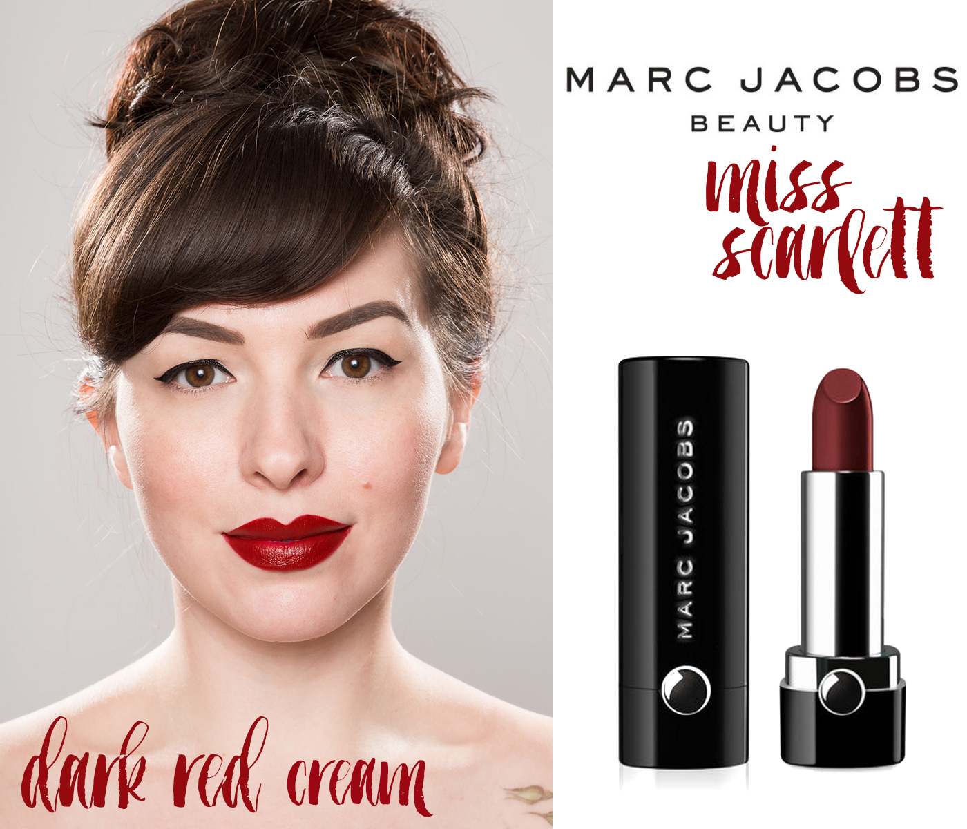 finding the perfect red lipstick: marc jacobs beauty miss scarlett dark red lipstick