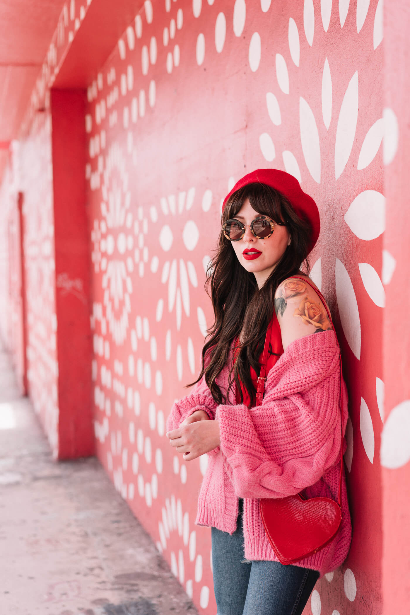 pink and red outfit, river island bright pink cardigan