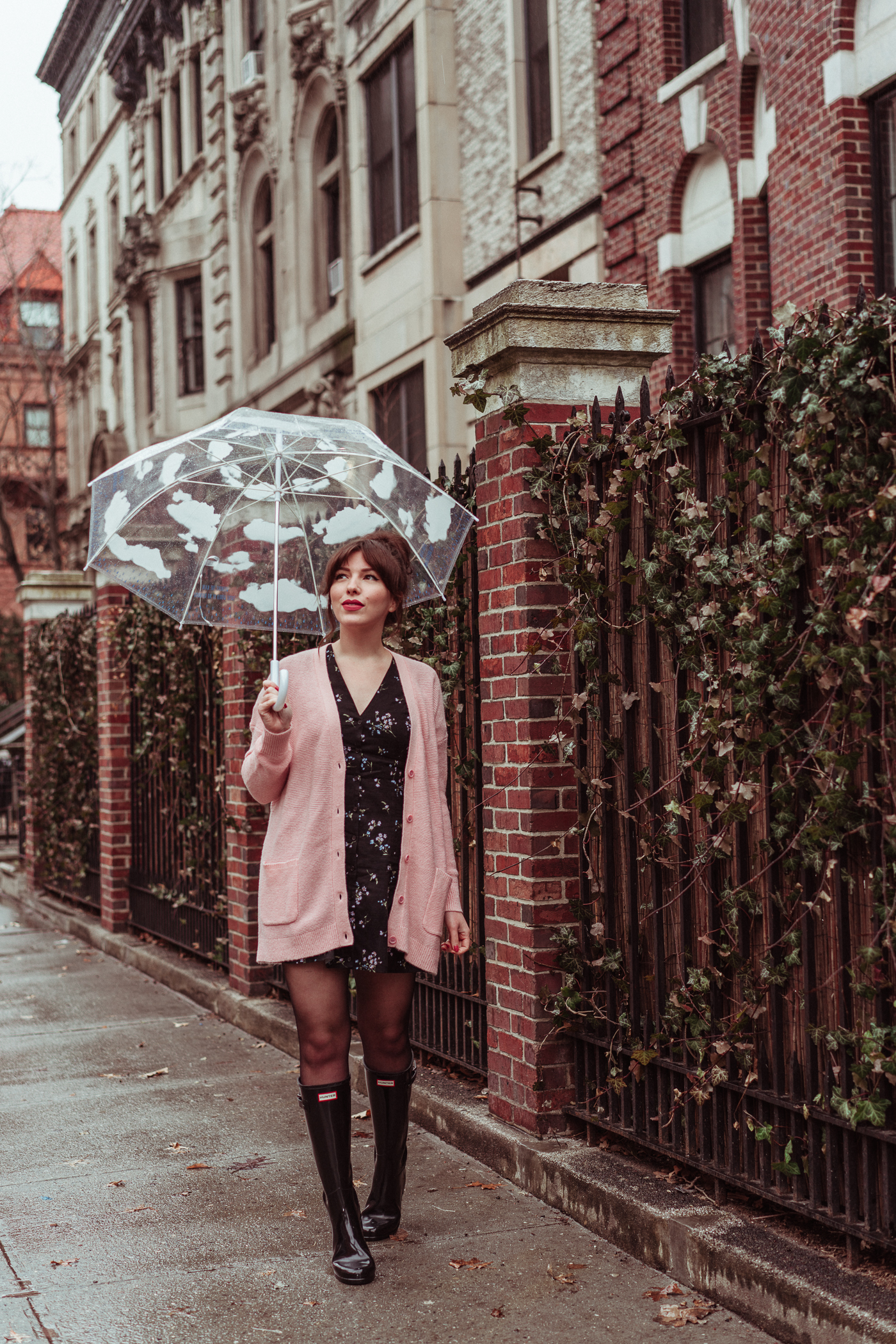 Rainy Day Outfit, Keiko Lynn wearing button front floral skater dress, Caslon pink relaxed boyfriend cardigan, Hunter Original Refined High Gloss Rain Boots