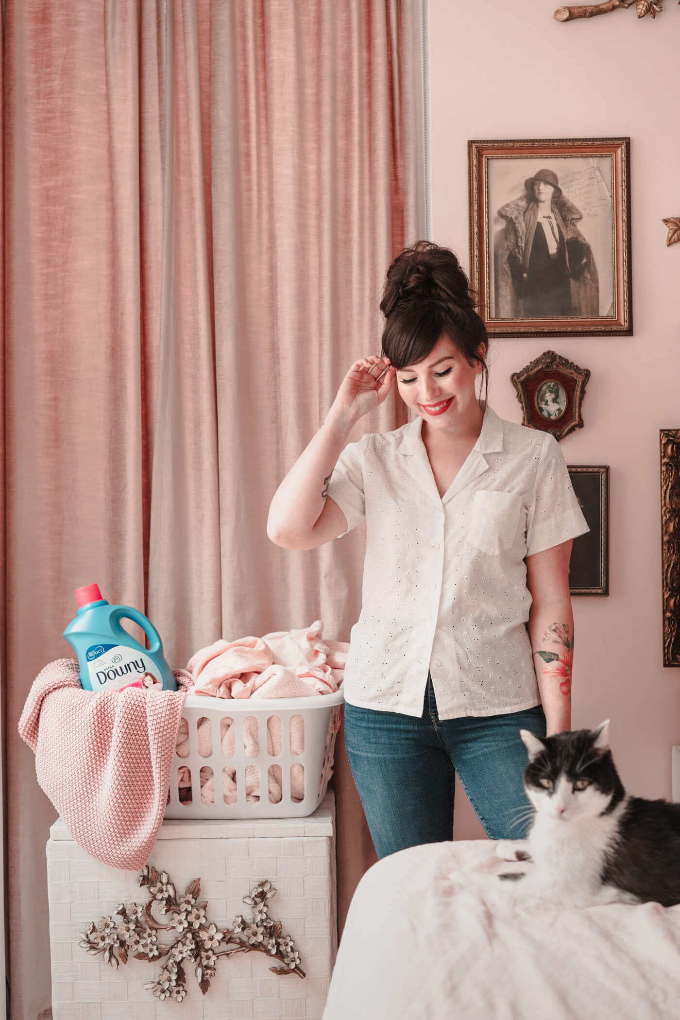 woman in the house with and wearing shirt