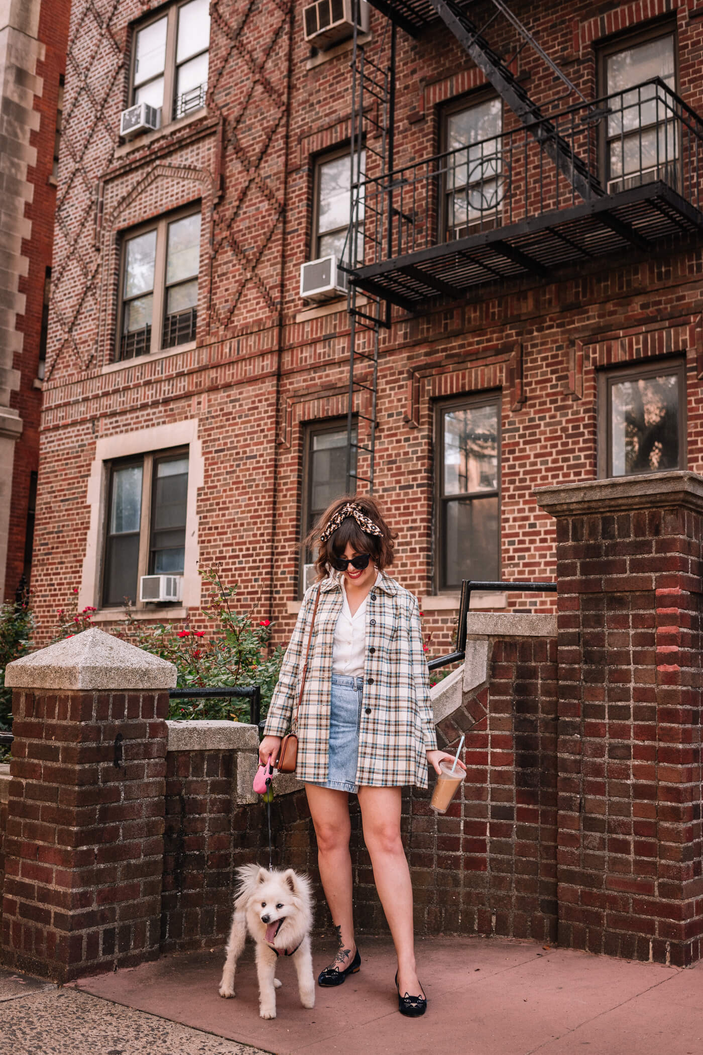 woman wearing white shirt, denim skirt, and with her dog