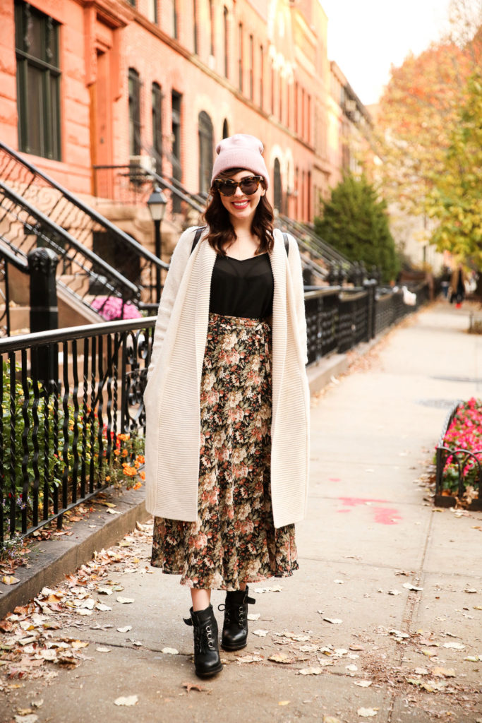 90s grunge floral wrap skirt and lace up ankle boots