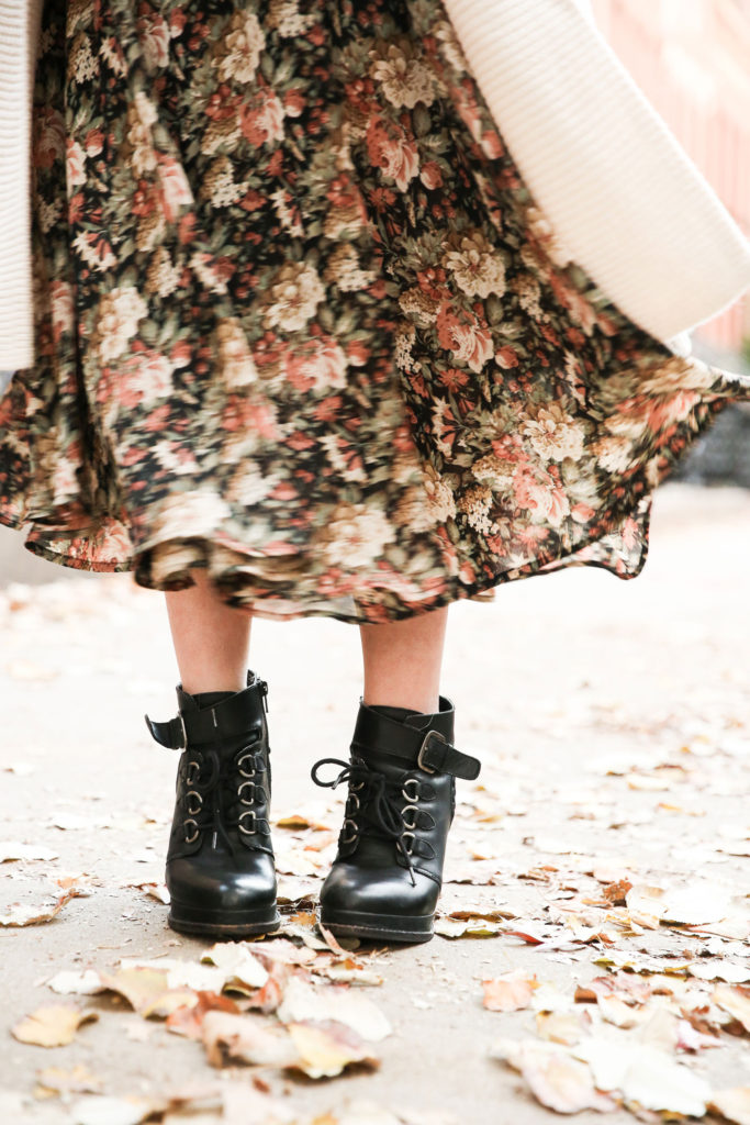 90s grunge floral wrap skirt and lace up ankle boots