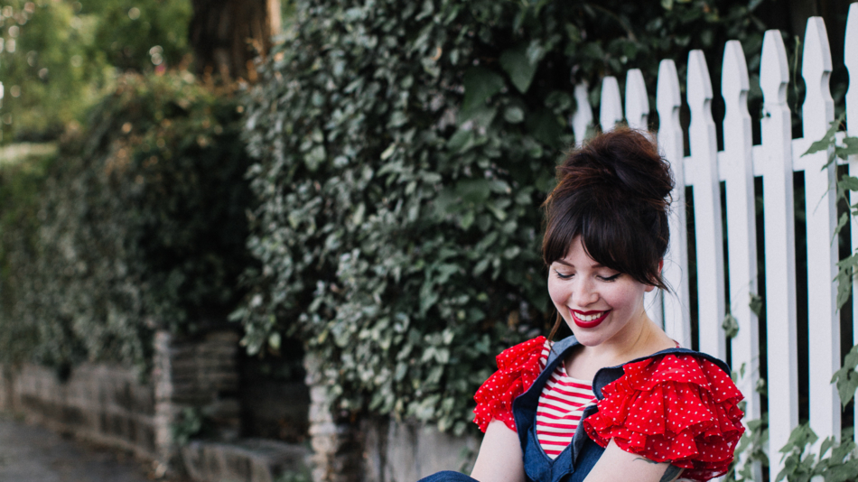 express ruffled jumpsuit and kipling backpack