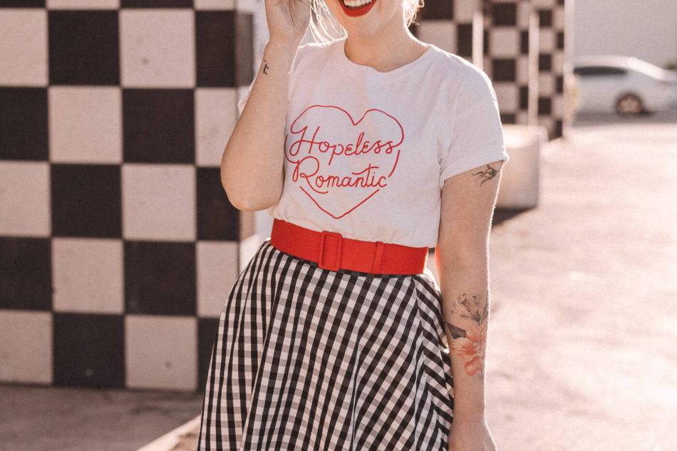 kate spade gingham skirt and ban.do hopeless romantic shirt