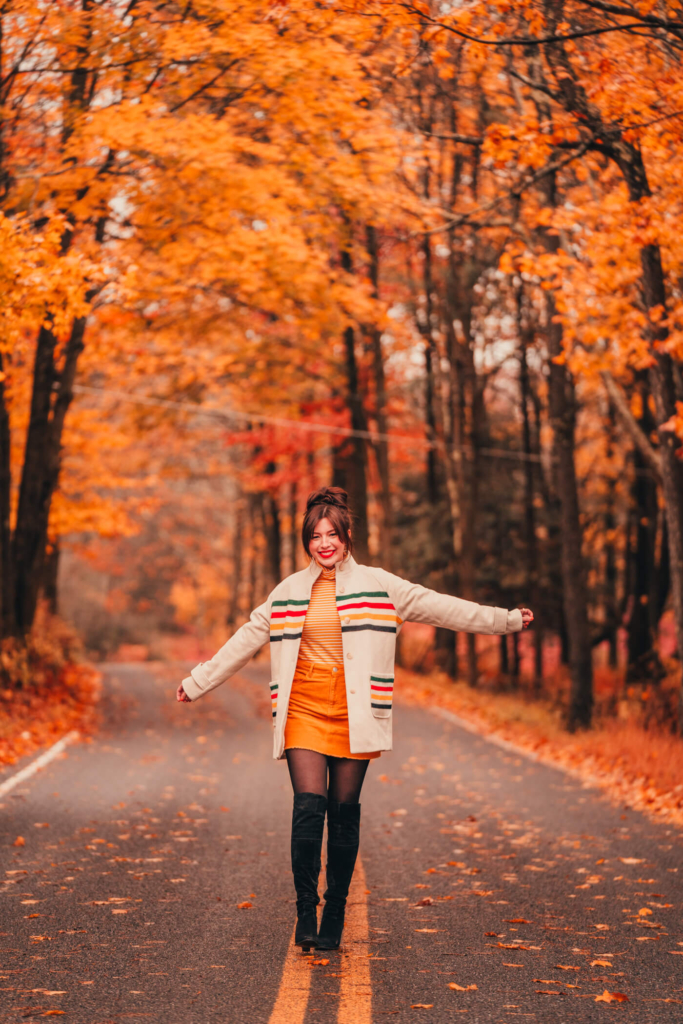 fall outfit and fall leaves
