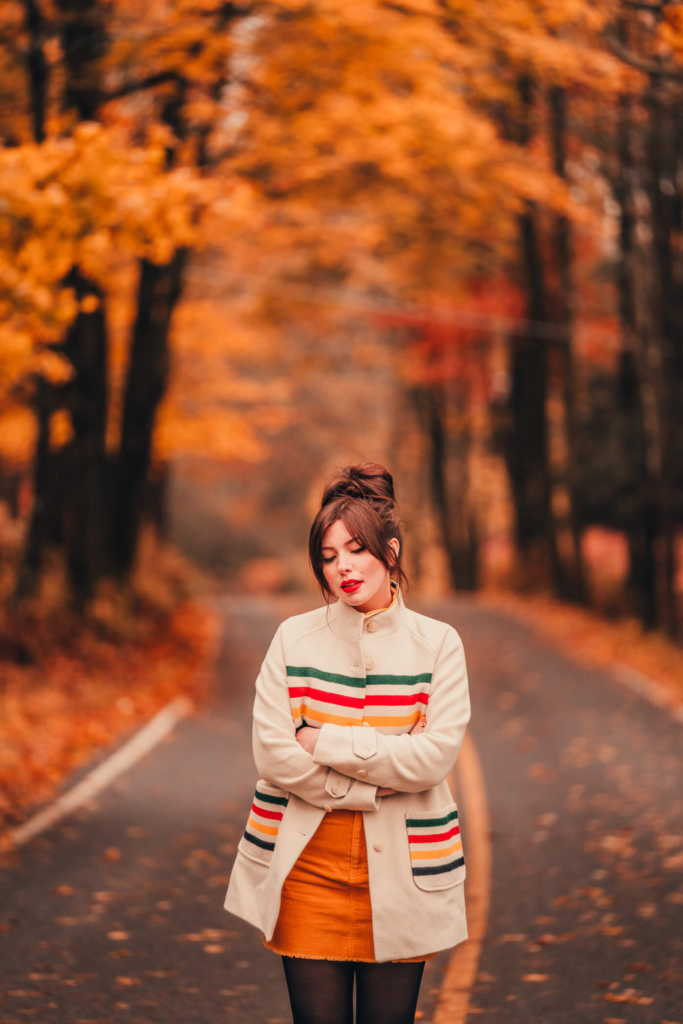 fall outfit and fall leaves