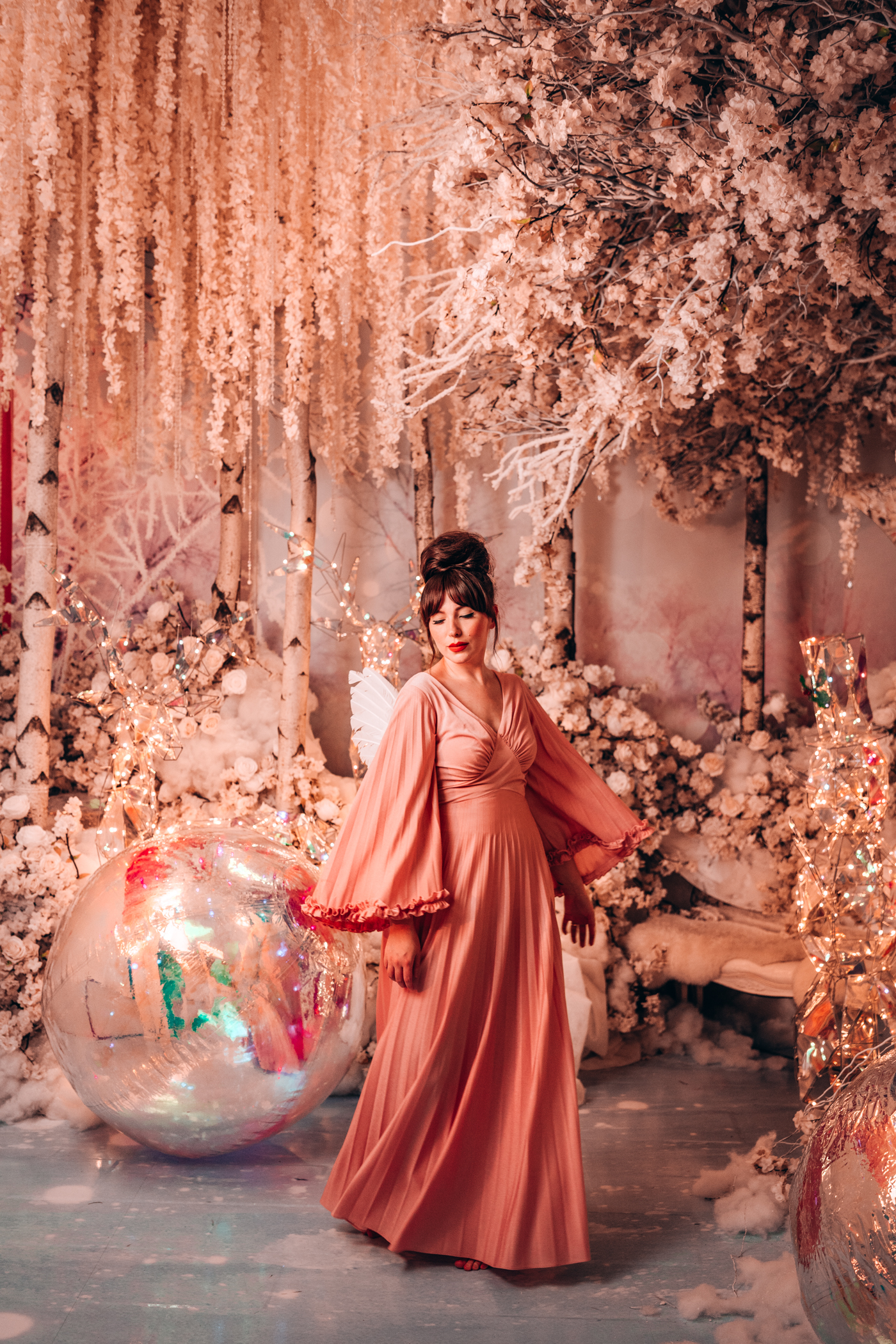 Moon and floral portrait of keiko Lynn in a vintage angel sleeve maxi dress | The Floral Escapes Holiday Studio