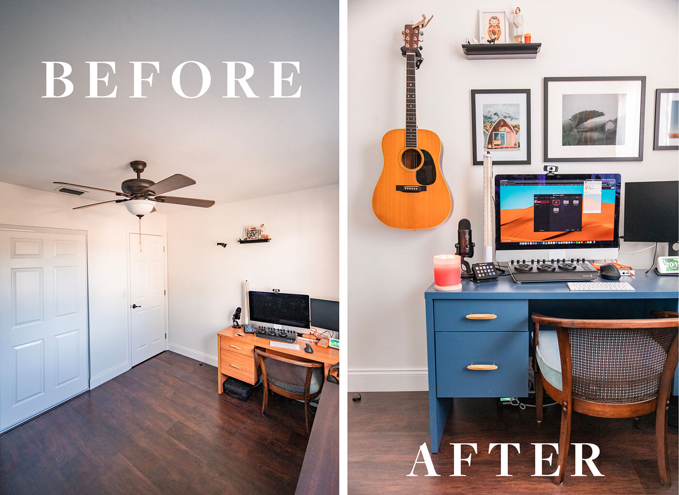 collage of a before and after HomeGoods Home Office Makeover with office table, guitar, framed paintings, and computer