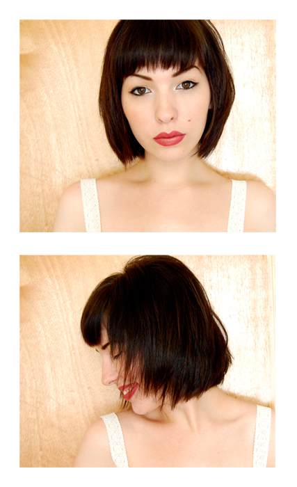 collage of image of a woman with short hair and wearing signature eye makeup 