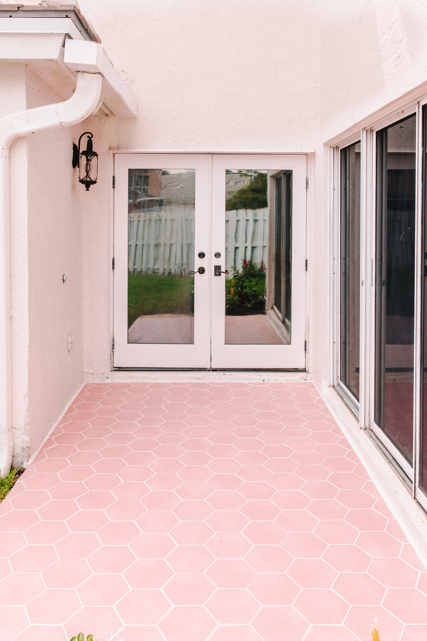 Pastel Patio Mini Makeover with pink floor tiles 