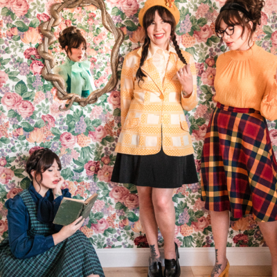 Keiko Lynn in outfits inspired by the four Hogwarts Houses of Harry Potter, in front of Pottery Barn Teen Nagini mirror