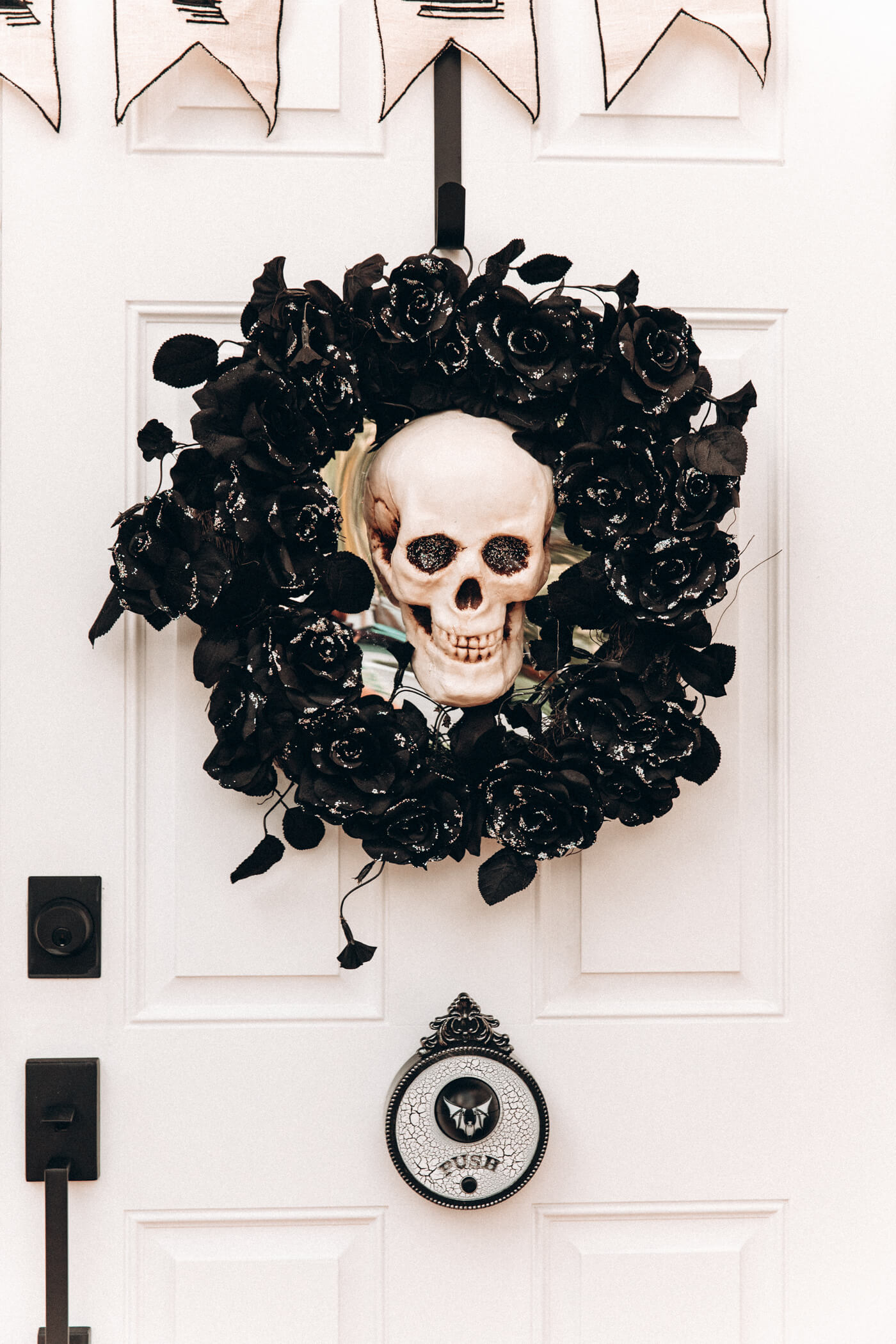 Halloween Exterior Home Decor black wreath with white skull