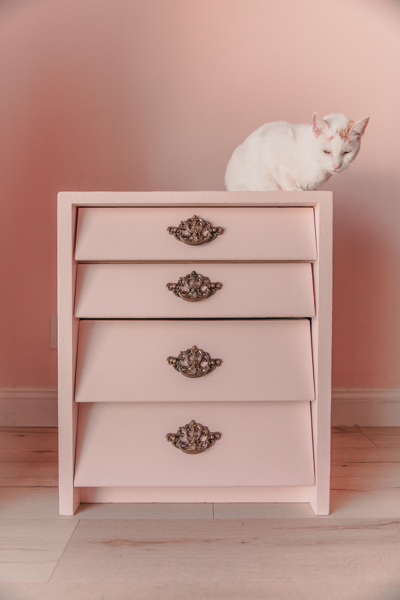 after the vintage dresser makeover and a cat sitting on top 