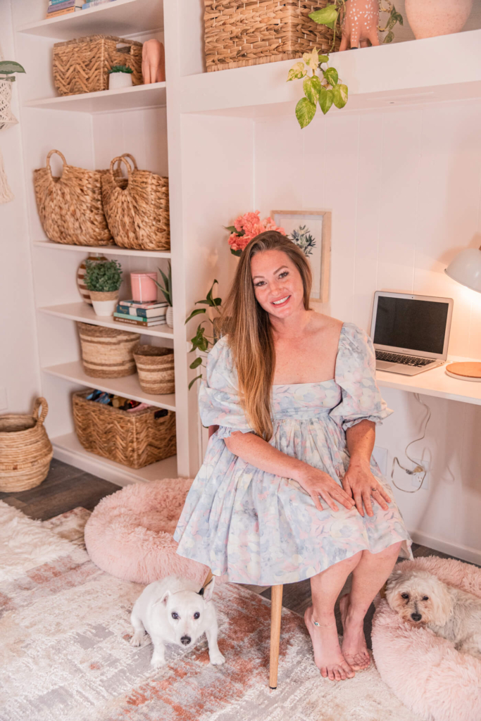 woman with her dog in HomeGoods Pastel Bohemian Office Makeover
