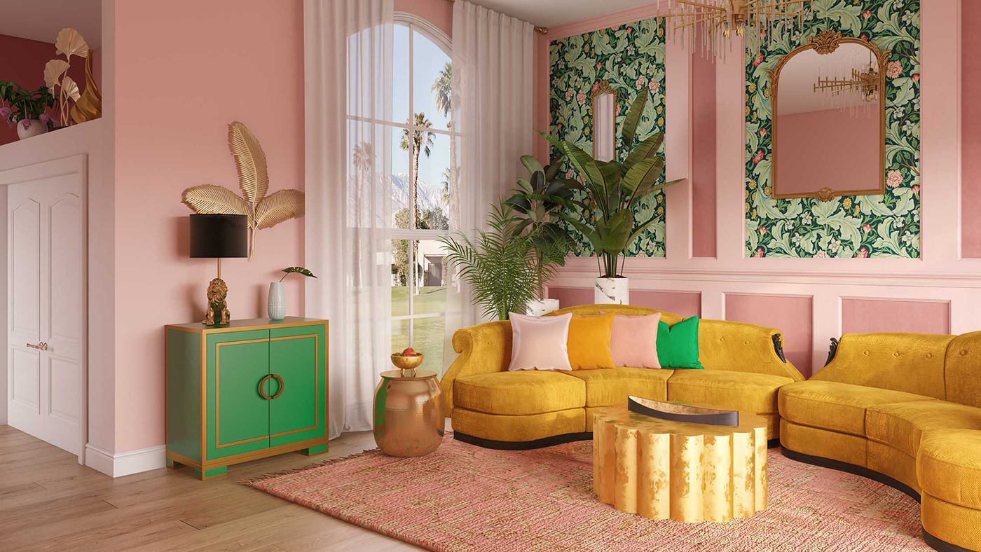 new Living Room with yellow couch and pink and green wals 