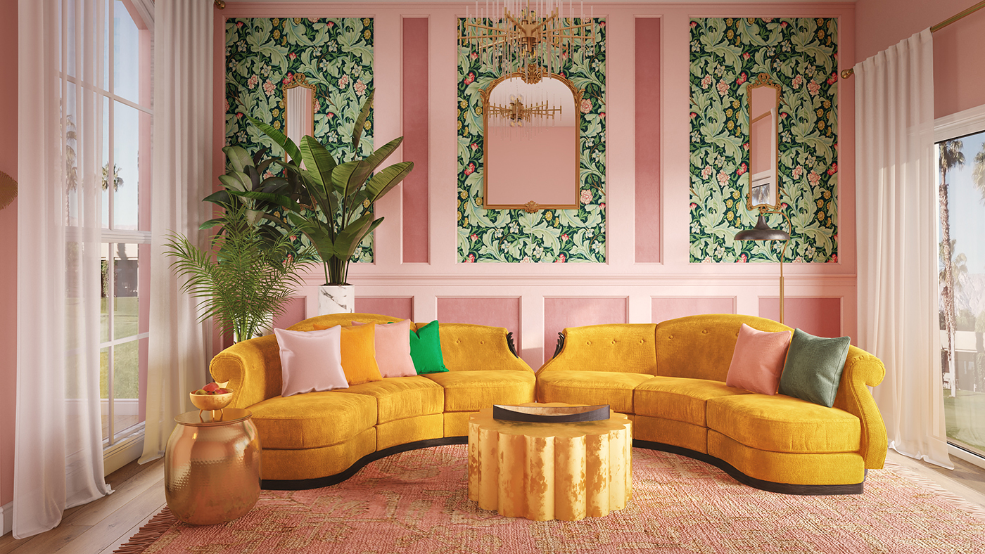 new Living Room Design with yellow couch and pink and green wals 