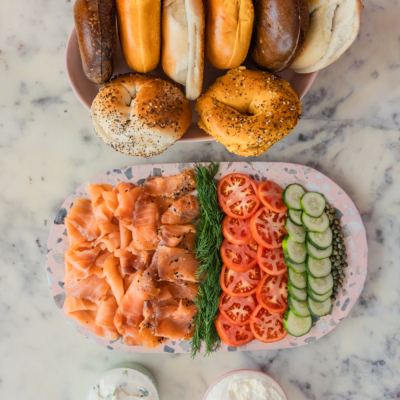 brunch party idea: bagel board with smoked salmon cream cheese and toppings