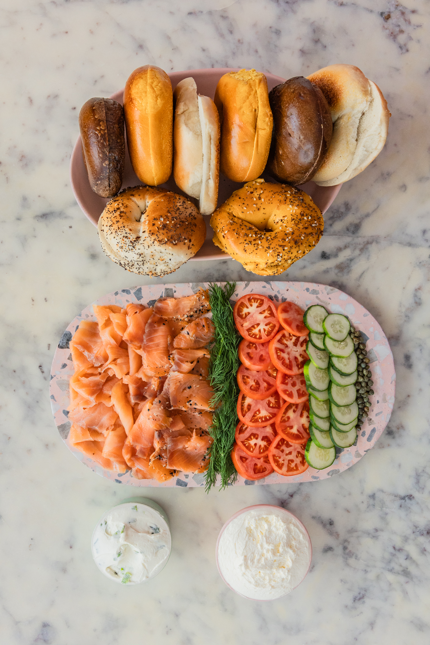 brunch party idea: bagel board with smoked salmon cream cheese and toppings
